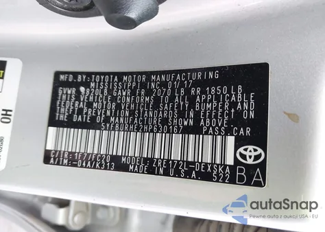 2017 Toyota Corolla Se Special Edition z USA, uszkodzony, nr VIN 5YFBURHE2HP630167